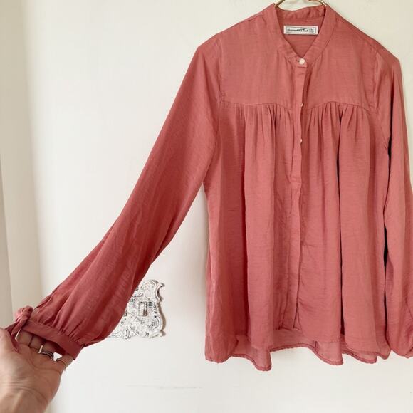 abercrombie & fitch Salmon Pink Silky Collarless Tie Sleeve Oversized Shirt M - Picture 4 of 8